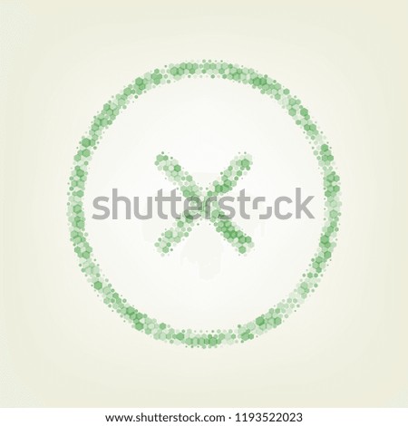 Cross sign illustration. Vector. Green hexagon rastered icon and noised opacity and size at light green background with central light.
