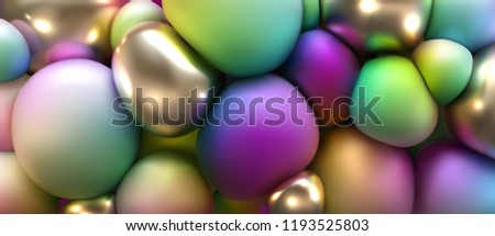 Abstract cover design. Modern poster with iridescent and golden soft body bubbles. Vector 3d illustration of squeezed multicolored spheres. Geometric background. Trendy banner. Liquid color stones