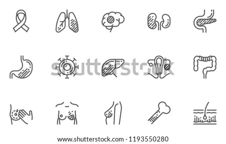 Cancer, Malignant Tumor. Vector Line Icons Set. Oncology, Mammary Gland Cancer, Brain Tumor. Editable Stroke. 48x48 Pixel Perfect. Royalty-Free Stock Photo #1193550280