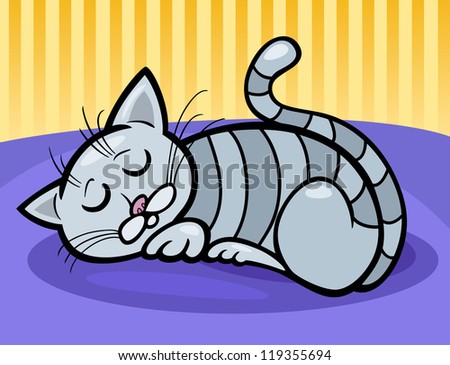 Cartoon Illustration of Gray Tabby Cat Sleeping at Home