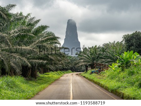 Pico Cão Grande in Sao Tome and Principe, nature landscape. Travel to Sao Tome and Principe. Beautiful paradise island in Gulf of Guinea. Former colony of Portugal. Royalty-Free Stock Photo #1193588719