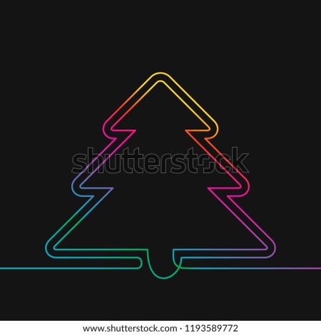 One line drawing of christmas tree, Rainbow colors on black background vector minimalistic linear illustration made of continuous line