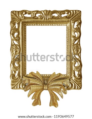 Golden frame with Christmas decorative bow isolated on a white background