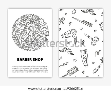 Card templates with doodle outline barber shop icons. Used clipping mask.