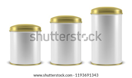 Vector realistic 3d white blank metal aluminium tin can containers with gold cap different size - small, medium and big - icon set closeup isolated on white background. Design template for graphics