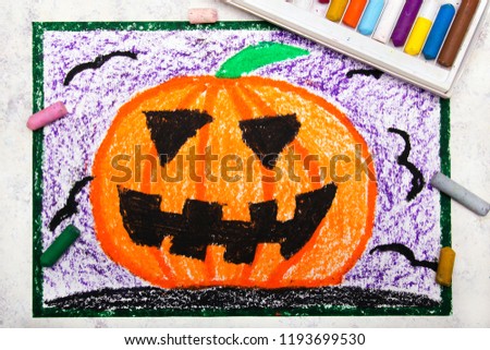 Colorful hand drawing: Scary Hallowen pumpkin. Halloween drawing on white  background