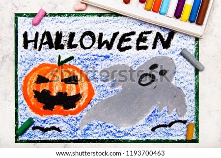 Colorful hand drawing: Cute Hallowen Pumpkin and Scary Ghost. Halloween drawing on white  background