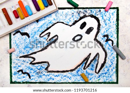Colorful hand drawing: Scary White Ghost. Halloween drawing on white  background