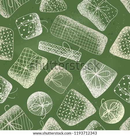 Seamless pattern of chalk gifts on green blackboard background. Vector various gift boxes with noise texture. Hand-drawn tileable illustration. Christmas or Birthday boundless background.