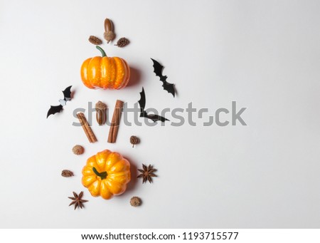 Creative layout of colorful pumpkins and bats on white background. Halloween concept.