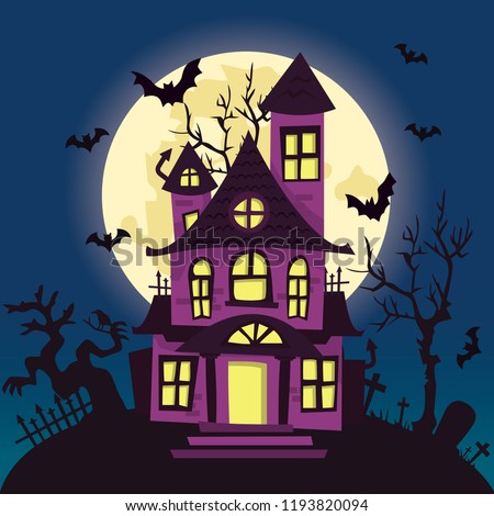 A vector illustration of a cartoon creepy haunted house on halloween night. Royalty-Free Stock Photo #1193820094