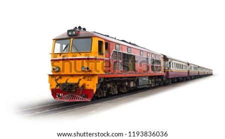 Perspective view of Passenger train hauled by the diesel electric locomotive isolated on white background Royalty-Free Stock Photo #1193836036