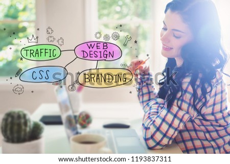 Web design concept with young woman holding a pencil