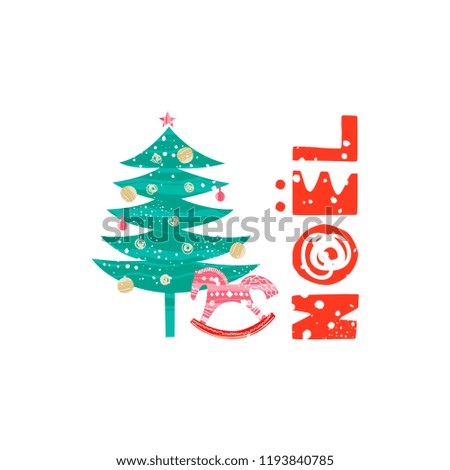 Christmas and New Year elements with lettering. Xmas greeting card concept. Winter holiday objects. Vector flat design with texture