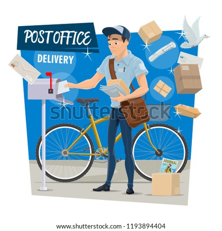 Postman on post mail delivery poster. Vector design of postal doves, man from postage office with bicycle and courier bag put parcels, newspapers or journals and envelopes in postbox