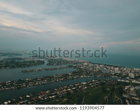 Drone sunset Miami Beach skyline