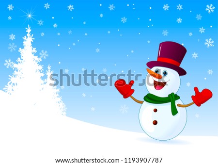 A snowman in a hat welcomes on a winter background. Snowman on a background of fir-trees and snowflakes. 