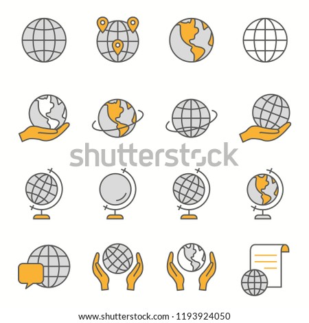 Globe flat line icons. Set of earth, worldwide, geography, global, world, and more. Editable Strokes.