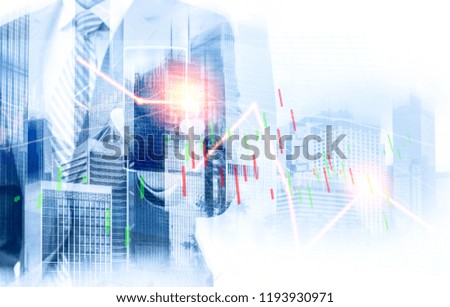 business man and city view with stocks market charts (red bear chart) on background