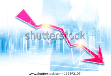 business man and city view with stocks market charts (red bear chart) on background