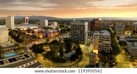 San Jose is considered the capitol of Silicon Valley, a famous high tech center of the world. This panoramic shot shows how San Jose downtown right after the sunset.