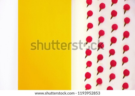 Minimal background with ice cream concepts on white wall. bright yellow area for text. 