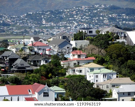 Panoramic view of houses built on steep hillside suburb of Brooklyn, Wellington New Zealand