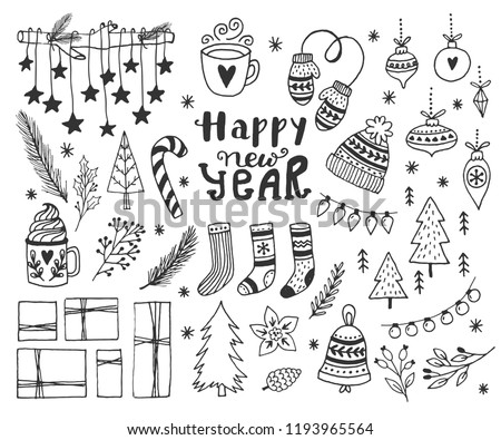 Hand drawn doodle vector illustration. Christmas art drawings in black. Set with lettering, fir branches, ornaments, candy, present boxes for gift tags, labels, card, invitations.
