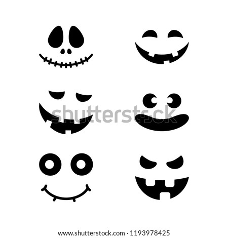 Halloween pumpkin faces icons set. Scary faces isolated on white background. Template for Halloween greeting card poster, brochure or flyer. Vector illustration Royalty-Free Stock Photo #1193978425