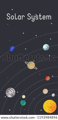 Vector Solar System poster with Sun, Mercury, Venus, Earth, Mars, Jupiter, Saturn, Uranus and Neptune on dark background
