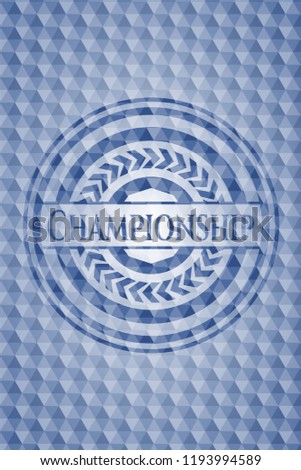 Championship blue badge with geometric pattern background.
