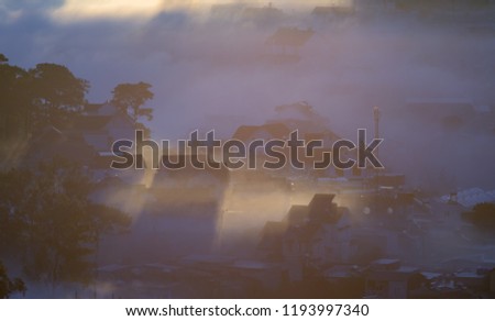 The fog cover Dalat plateau lands, Vietnam, background  with magic of the dense fog and sun rays, sunshine at dawn