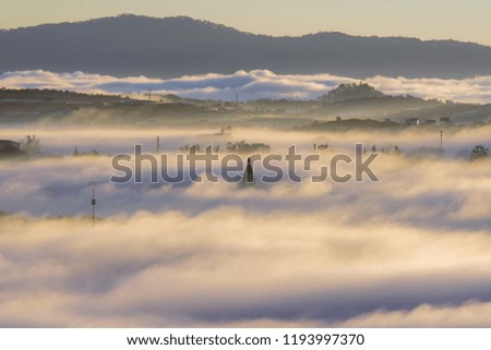 The fog cover Dalat plateau lands, Vietnam, background  with magic of the dense fog and sun rays, sunshine at dawn