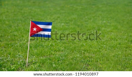 Cuba Flag. Photo of Cuba flag on a green grass lawn background. National Cuban flag waving outdoors.
