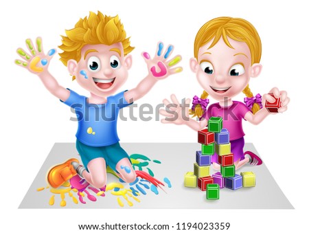 Cartoon boy and girl, could be brother and sister, playing with toys, with paints and toy building blocks