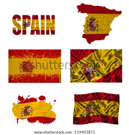 Spain flag and map in different styles in different textures