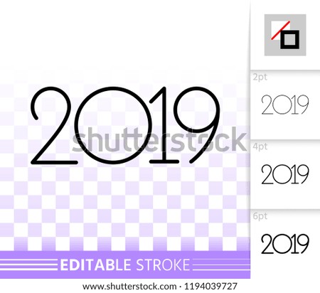 2019 thin line icon. Outline web new years eve sign. Numbers banner linear pictogram with different stroke width. Simple vector transparent symbol. Greeting card text editable stroke icon without fill