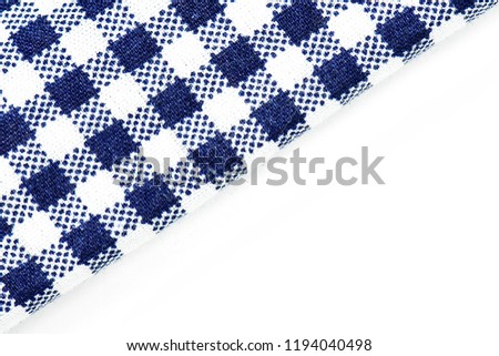Blue classic checkered fabric background texture. Copy Space.