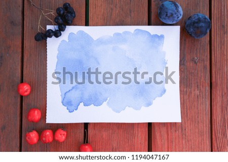 blue water color on white paper on wood table with red and black berries and plums