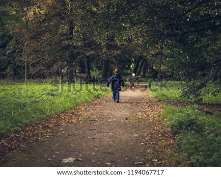 Two children are chasing along an alley in an autumn park