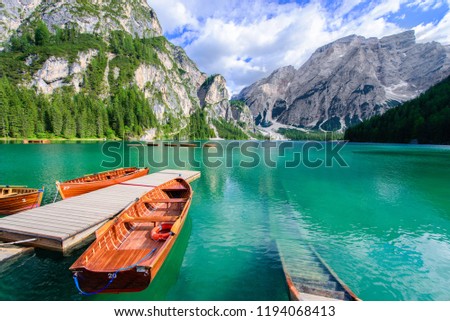 Beautiful Stunning Landscape View at Braies Lake, Lake Braies, Dolomites National Park, Italy Royalty-Free Stock Photo #1194068413