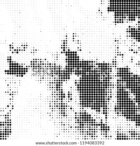 Halftone texture is black and white. The background is abstract of dots. Chaotic monochrome vector pattern