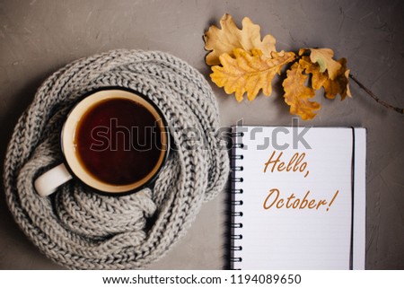 orange and yellow autumn leaves, a Cup of tea wrapped in a warm knitted scarf and Notepad with handle on gray background, top view