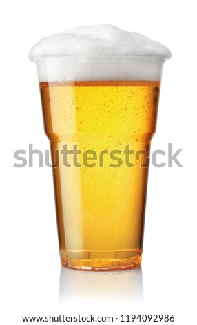 Front view of draught beer in plastic disposable cup isolated on white Royalty-Free Stock Photo #1194092986