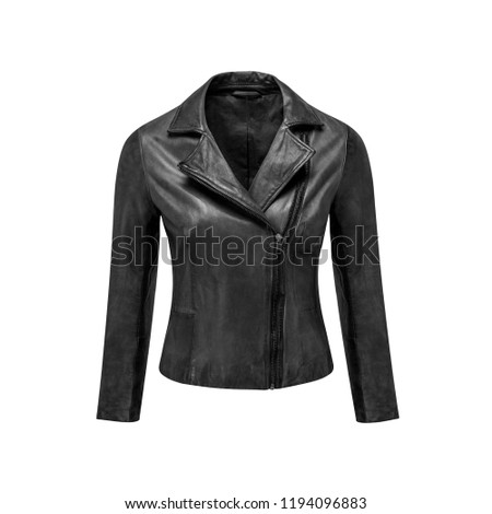 Womens black leather jacket isolated on white background. Ghost mannequin photography Royalty-Free Stock Photo #1194096883