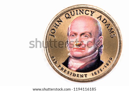 John Quincy Adams Presidential Dollar, USA coin a portrait image of JOHN QUINCY ADAMS 6th PRESIDENT 1825 -1829 on $1 United Staten of Amekica, Close Up UNC Uncirculated - Collection Royalty-Free Stock Photo #1194116185