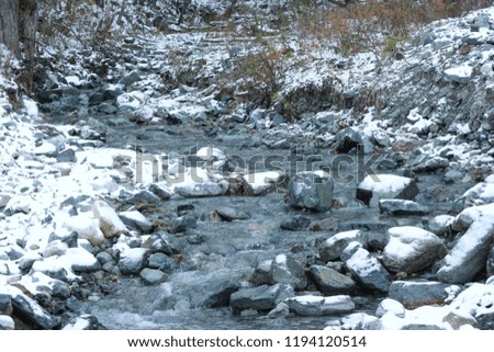 Natural river among snowcapped stone in winter season at KAMIKOCHI NAGANO JAPAN.