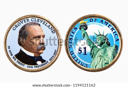 Grover Cleveland Presidential Dollar, USA coin a portrait image of GROVER CLEVELAND in God We Trust 24th PRESIDENT 1893-1897 on $1 United Staten of Amekica, Close Up UNC Uncirculated - Collection