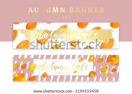 Trendy and elegant autumn banners set with realistic yellow gold orange leaves. Bright leaf coloring. Minimalistic style. Sale card template Fall seasonal poster or card collection Vector illustration