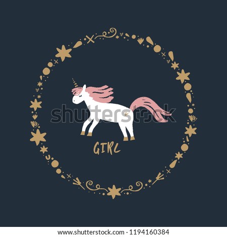Cute hand drawn unicorn nursery art. Pastel colors. Good for girl prints, birthday invitations, cards. Postcard with magical pony. Vector, clip art. Fairy tale theme, doodle style